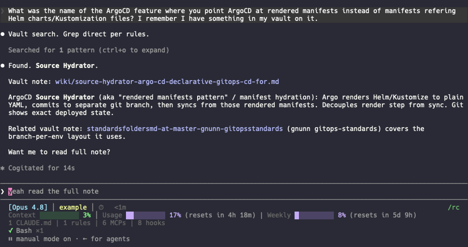 Querying the vault from Claude Code in the terminal, with a cited answer
